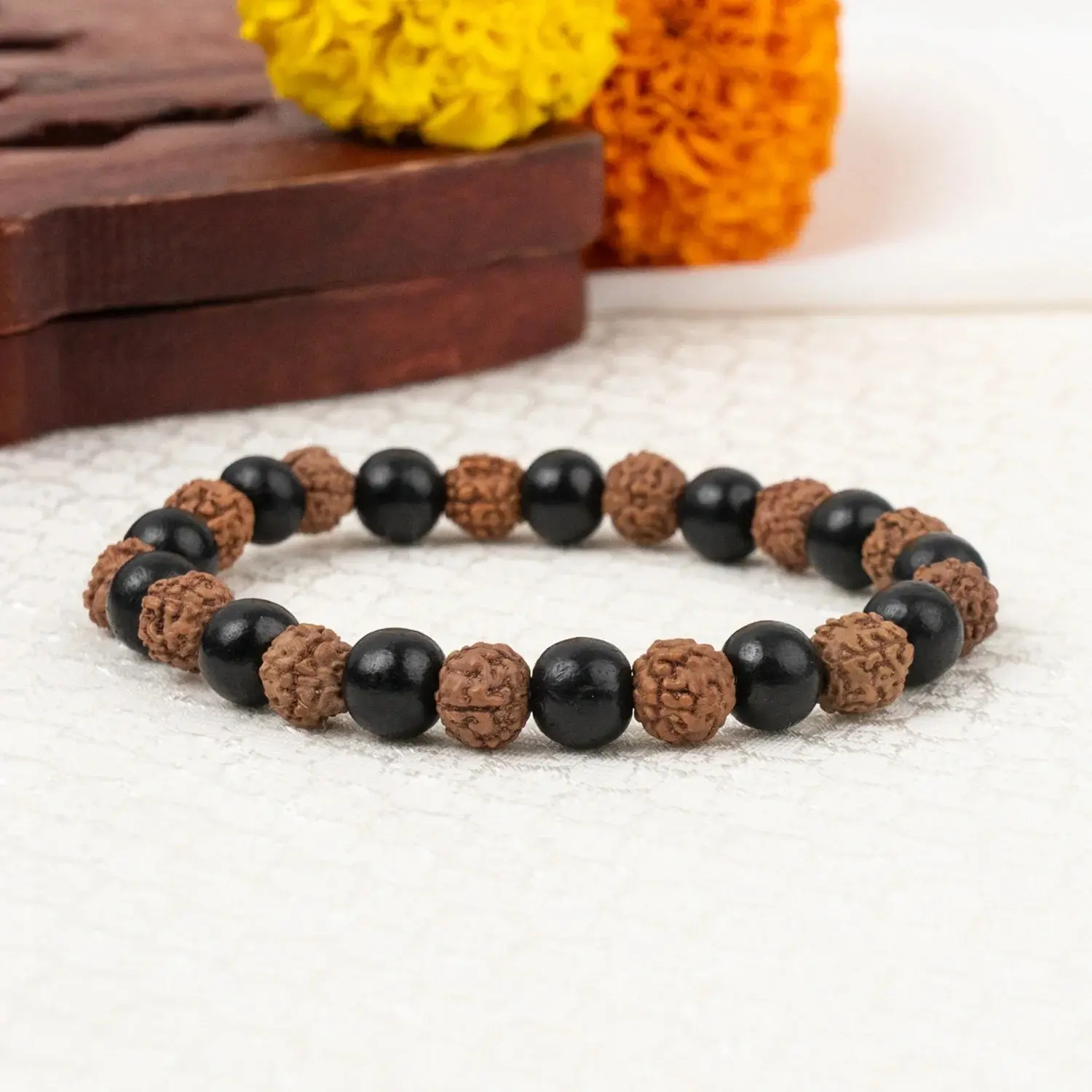Astrotalk 8mm Rudraksha-Karungali Stretch Bracelet, Black Ebony Wood & Rudraksha Beaded Wristband, Unisex Spiritual Daily Wear Jewelry for Grounding & Balance, Meaningful Gift