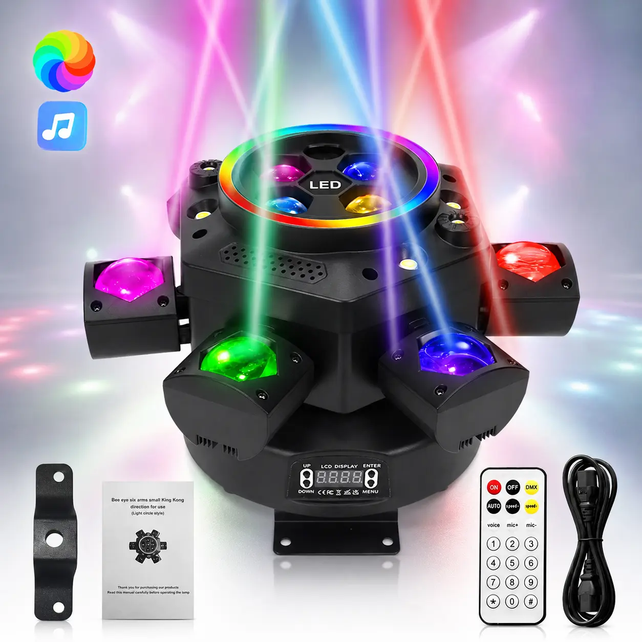 XDV 150W 6-Arm RGBW Moving Head DJ Light - 21cmHx31cmW Bee Eye Light with Laser Starry Sky, Strobe, Music Sync, DMX512, Remote Control, Color Changing for Weddings, Clubs, Live Streams，Halloween Party