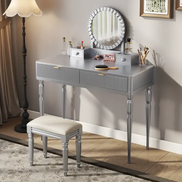 Bellemave  Luxury Vanity Desk with Round Mirror,Height-Adjustable, Stylish Dressing Table Set, 4 Drawers & Stool, Silver