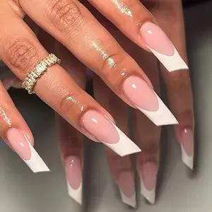 24-Piece Fake Nails Set with Medium Lipstick-Shaped Nail Tools, French Design, Light, Smooth Edges, Easy Application, Nail Art Design