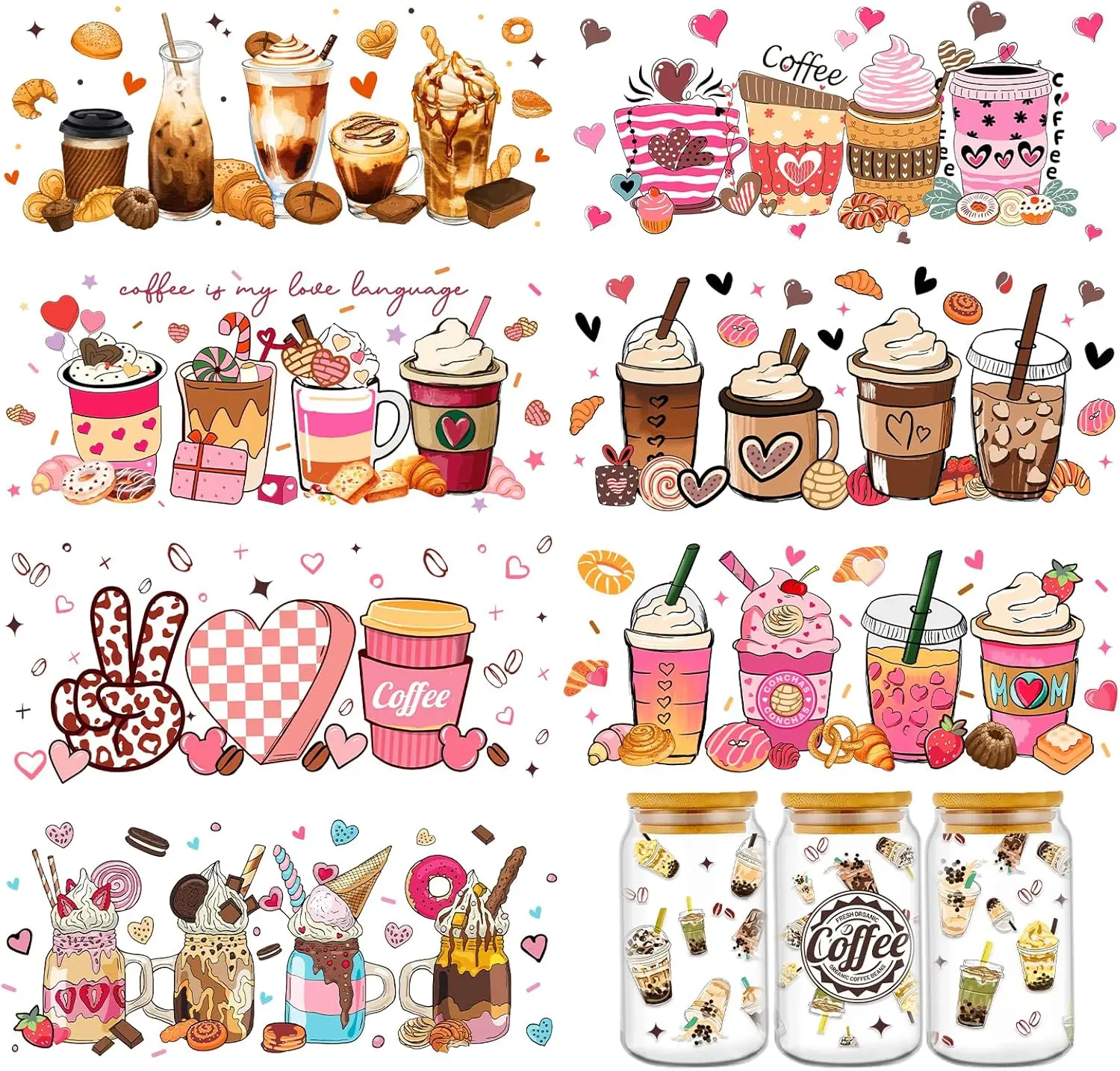 Coffee UV DTF Cup Wraps - 8 Sheets Coffee UVDTF  for 16 oz Glass Cups, Cake Ice Cream Transfer Stickers,  Rub on Transfers for Water Bottle DIY Crafts