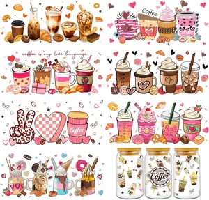 Coffee UV DTF Cup Wraps - 8 Sheets Coffee UVDTF  for 16 oz Glass Cups, Cake Ice Cream Transfer Stickers,  Rub on Transfers for Water Bottle DIY Crafts