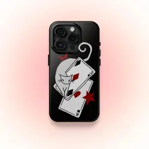 Lucky Playing Card Cat Smartphone Case, Y2K Cute Grunge Gothic Cool Graphic Cover, Handheld Cellphone Accessory, Gift for iPhone 11 12 13 14 15 16 17 Pro Max Air Plus