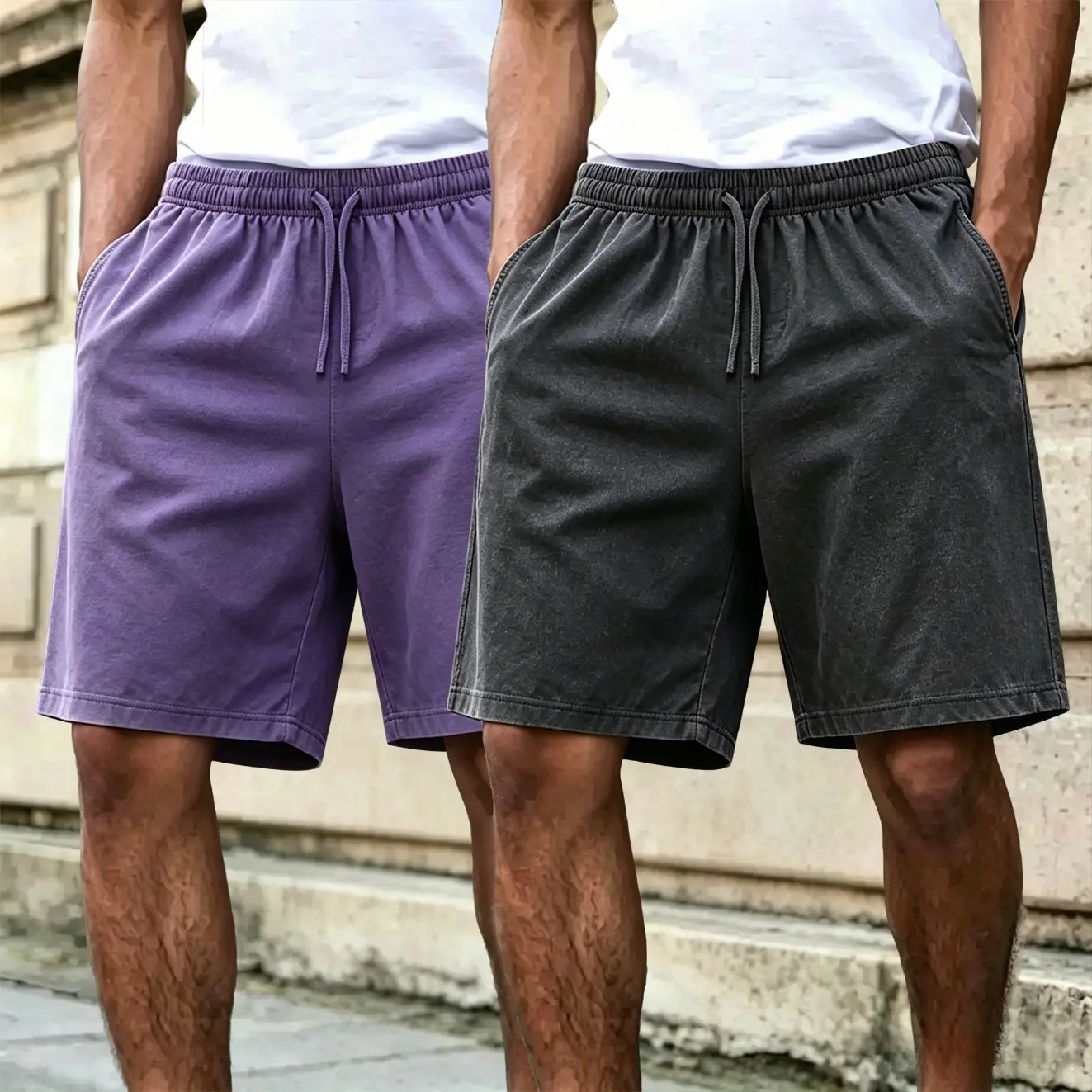 Men 2 Pack Vintage Washed Loose Knee Shorts, Elastic Drawstring Waist Casual Pocket Sweat Bermuda Shorts, Soft Comfort Gym Daily Wear Two Color Bundle Menswear Beige Tropical Plain