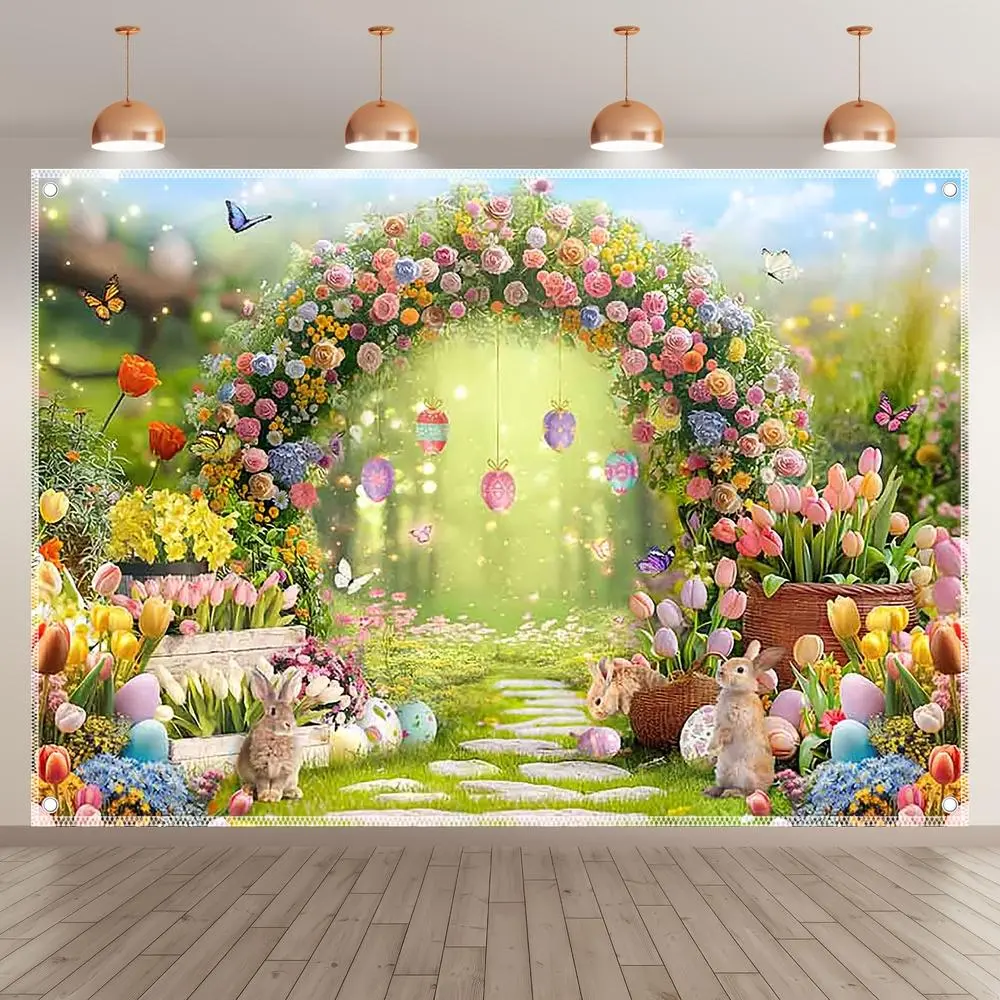 1-Piece Polyester 2D Flat Easter Theme Wall Hanging Backdrop Banner, Dreamy Flower Arch Rabbit Easter Eggs Decor, Party Decoration Supplies for Children’s Birthday Events,summerwins