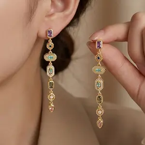 Stainless Steel Colorful Rhinestone Long Tassel Earrings For Women Crystal Zircon Geometric Drop Earrings Party Wedding Jewelry