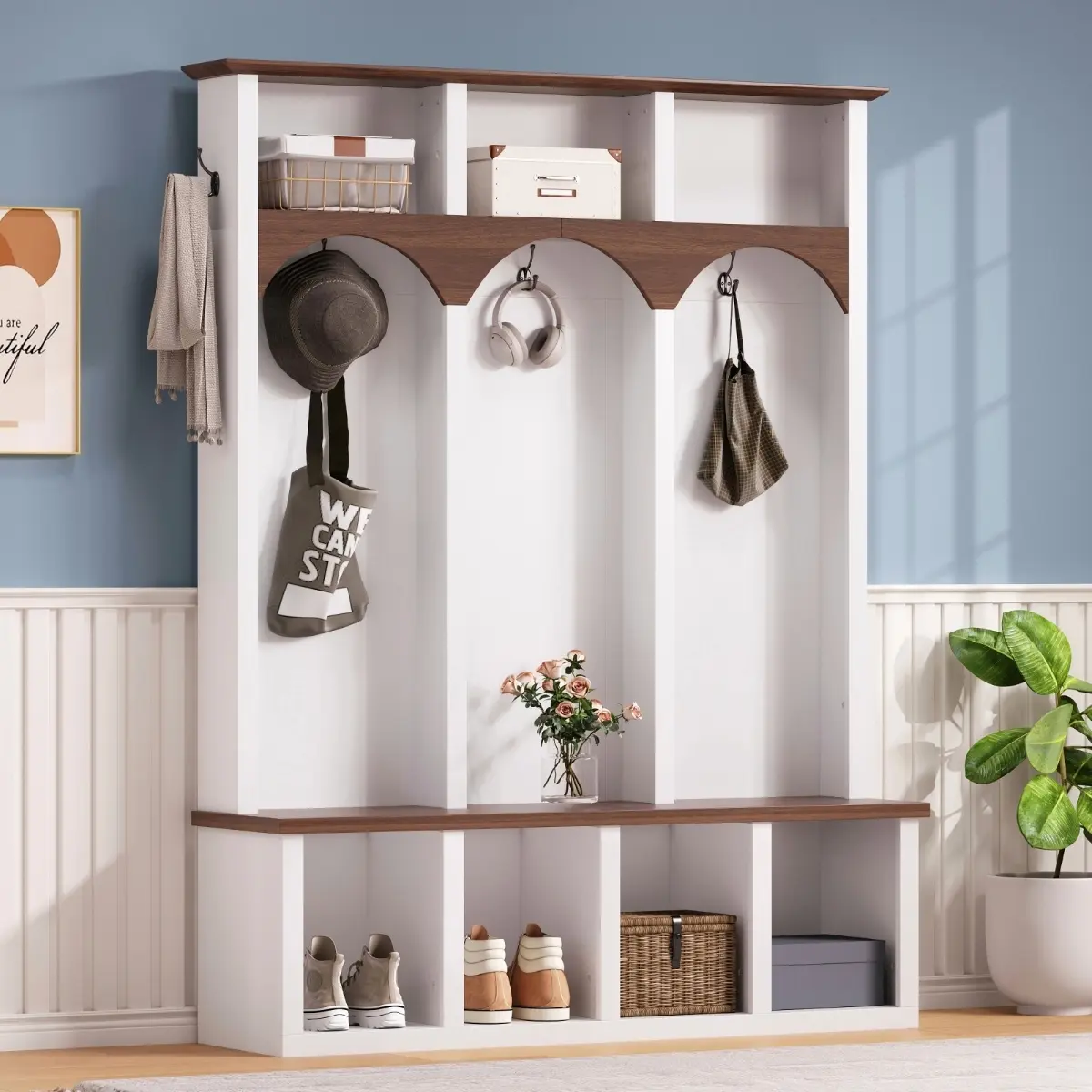 [Bellemave]Farmhouse Wooden Style Hall Tree with Arched Design, Practical Entryway Walnut Storage Bench with 5 Black Hooks, Minimalist 4-in-1 Hallway Shoe Cabinet with 7 Cubbies for Mudroom, Living Room, White