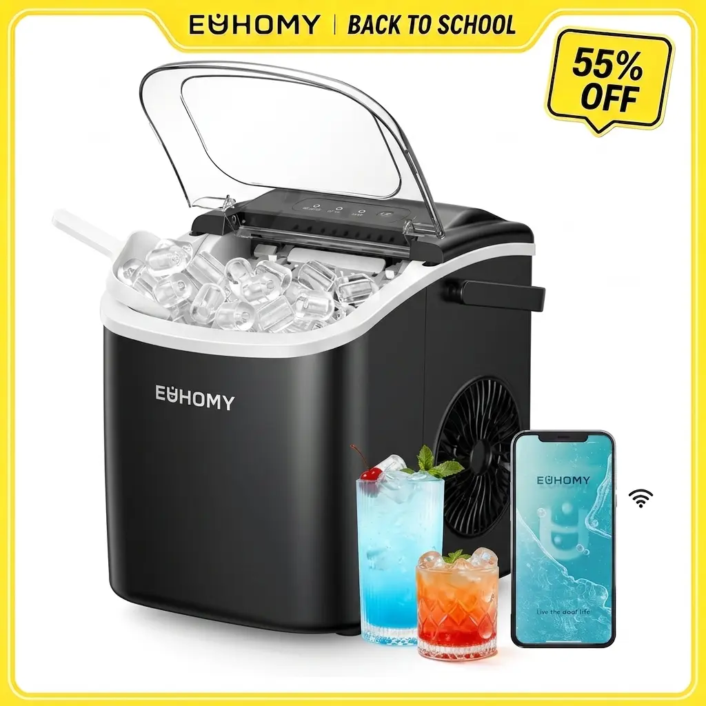 【Back To School】EUHOMY Ice Maker Countertop with Handle, 26lbs in 24Hrs, 9 Ice Cubes Ready in 6 Mins, Auto-Cleaning Portable Ice Maker with Basket and Scoop, for Home/Kitchen/Camping/RV. (2024 New Silver) Utensils