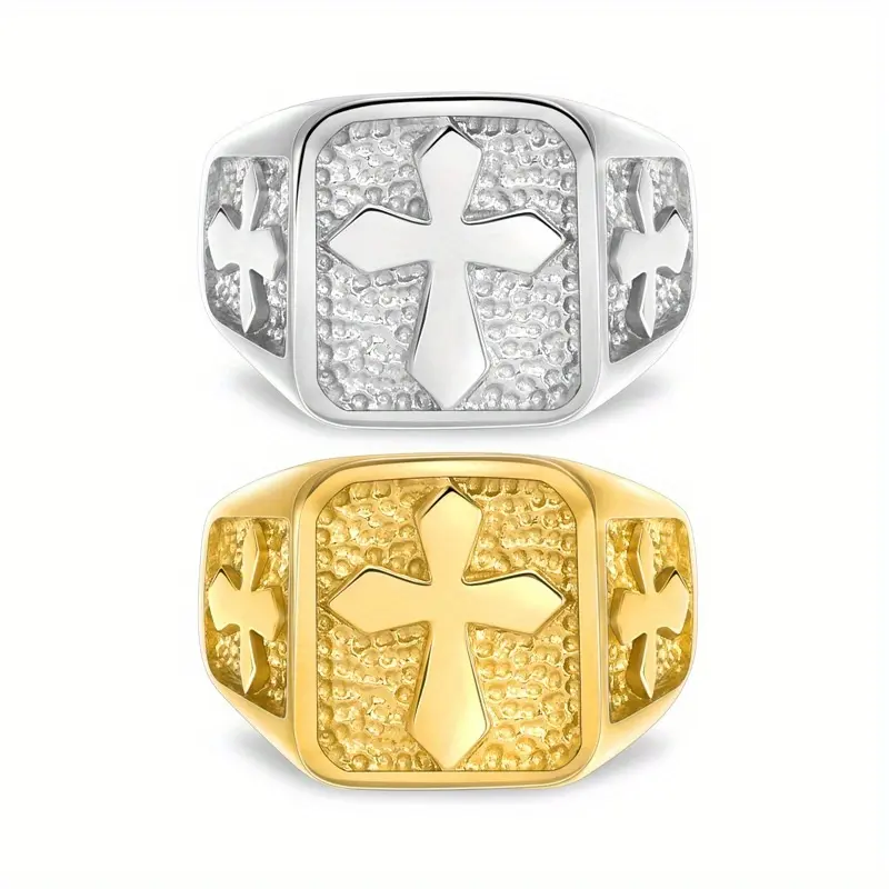 Men's Retro Stainless Steel Cross Design Ring - Crucifix Motif, Ornate Cross, Sparkling Zircon Inlay, Fashionable Hip Hop Jewelry for Daily Wear and Parties, Cross Design Rings, Crucifix Motif Rings,summerwins