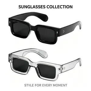 2-Pack Unisex Retro Square Sunglasses, Black & Transparent Frame Eyewear, UV400 Full Sun Protection Shades, Classic Y2K Trendy Glasses, Lightweight Fashion Eyeglasses for Summer Beach, Travel and Street Daily Wear