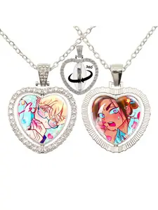 Style Cartoon Anime Double-Sided Necklace, Rhinestone Heart Pendant, 360° Rotating Design, Perfect Gift for Friends