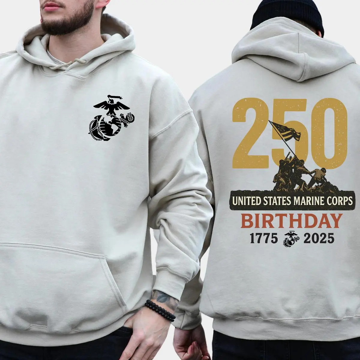 Marines 250th Birthday Hoodie, USMC 250 Year Anniversary Pullover, Proud Military Tribute Gift for Veterans or Family, Perfect for Christmas, Made in USA, Print Tee