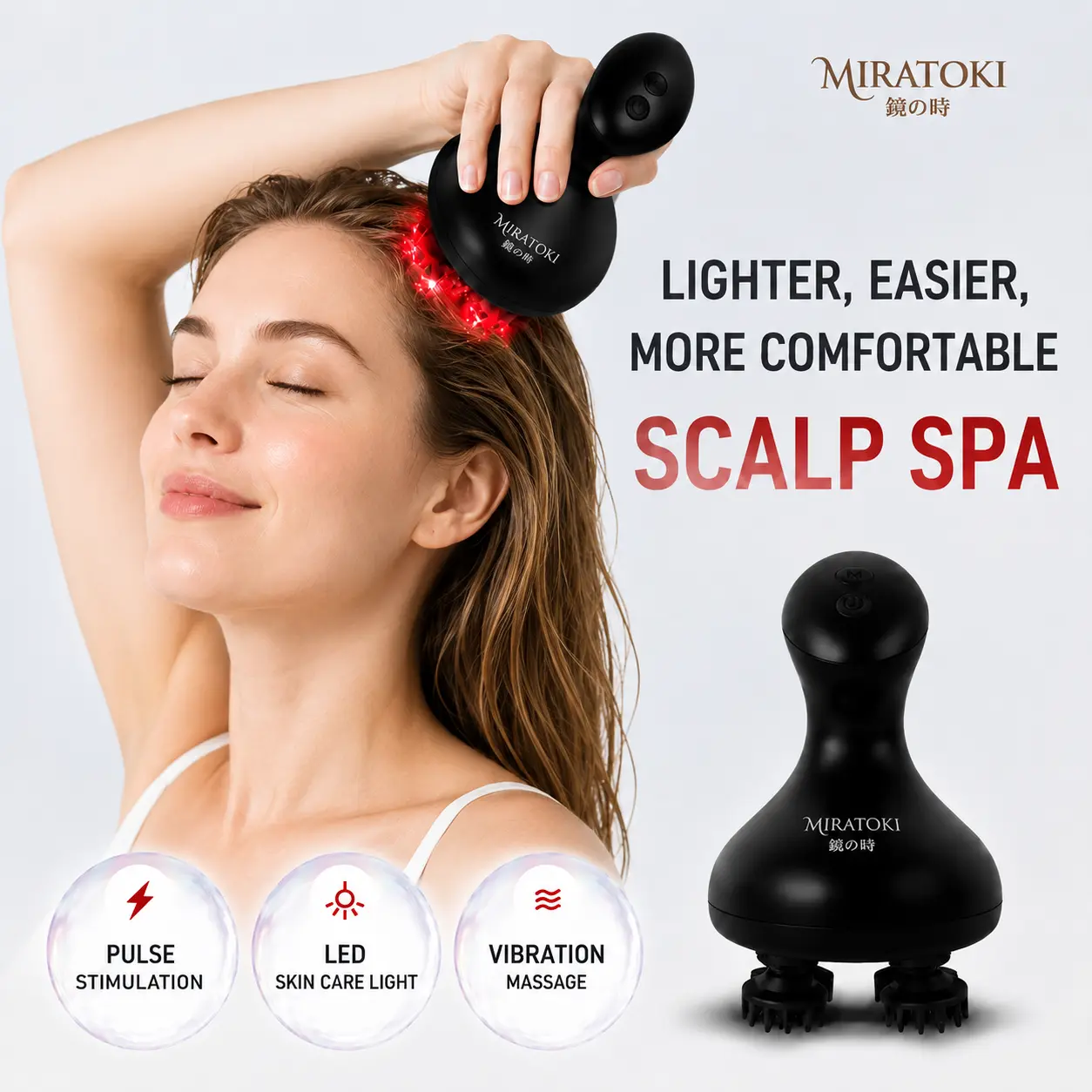 MIRATOKI CocoWave 4-in-1 Face & Scalp Massager, True Japanese Shiatsu Technology, Red LED Light Therapy, Electric Head Spa Device for Facial Massage, Scalp Care, Neck & Body Relaxation