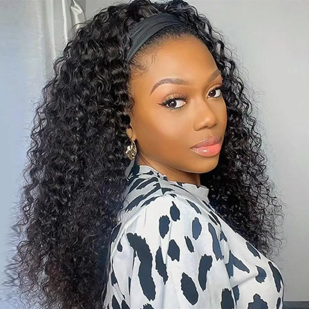 Bling Hair Kinky Curly Headband Wig Human Hair Curly Wigs Real Human Hair Glueless Ready and Go Beginner Friendly 180% Density Elastic Drawstring Headband Wigs for Women backtoschool