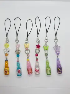 Mini Soda Bottle Charm Keychain Cute Handmade Beaded Phone Strap with Glossy Beads Pastel Accents Tiny Bottle Pendant for Backpacks Purses Phone Cases or Zipper Pulls