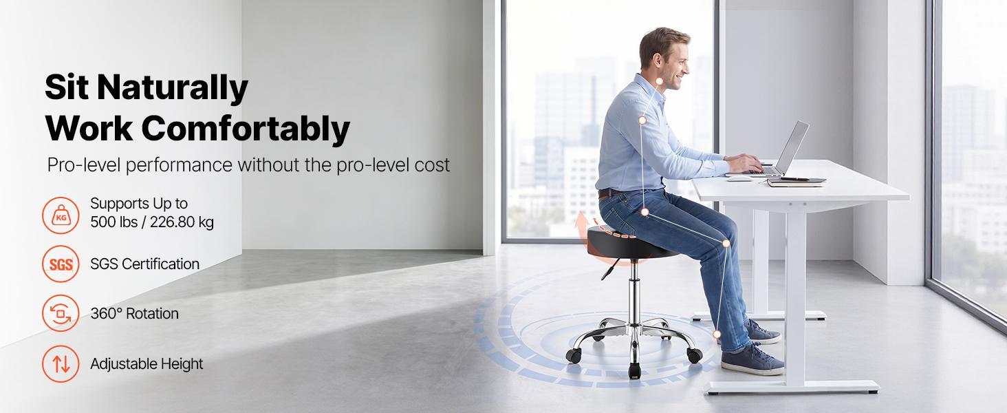 VEVOR Durable Rolling Stool with Wheels, 500 lbs Capacity, Height-Adjustable via Reinforced Gas Lift Cylinder, Thick Cushion Ergonomic PU Leather Seat, 360° Swivel Round Chair for Salon, Clinic, Black#BackToSchool