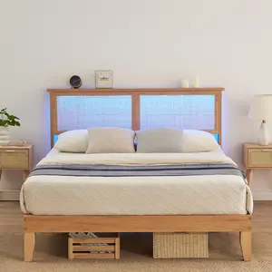 Bed Frame, Natural Rattan Headboard Bed Frame With Led Lights, Noise-Free Platform Bed Frame With Wooden Support Legs and Slats, Easy Assembly, No Box Spring Needed king size full upholstered