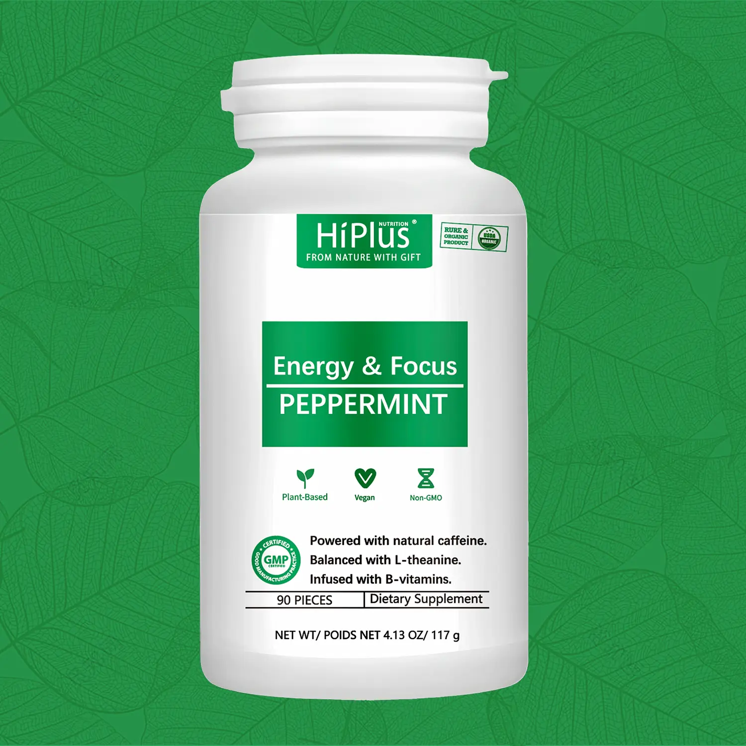 HiPlus Energy Focused Peppermint Sugar - Sugar Free Brain Boosting with Natural Caffeine L-theanine Vitamin B6 B12 Plant Based Purine Gluten Free Dairy Free 90 Capsules probiotics  max mojo  patches vitamnd3 super  mush  gummies