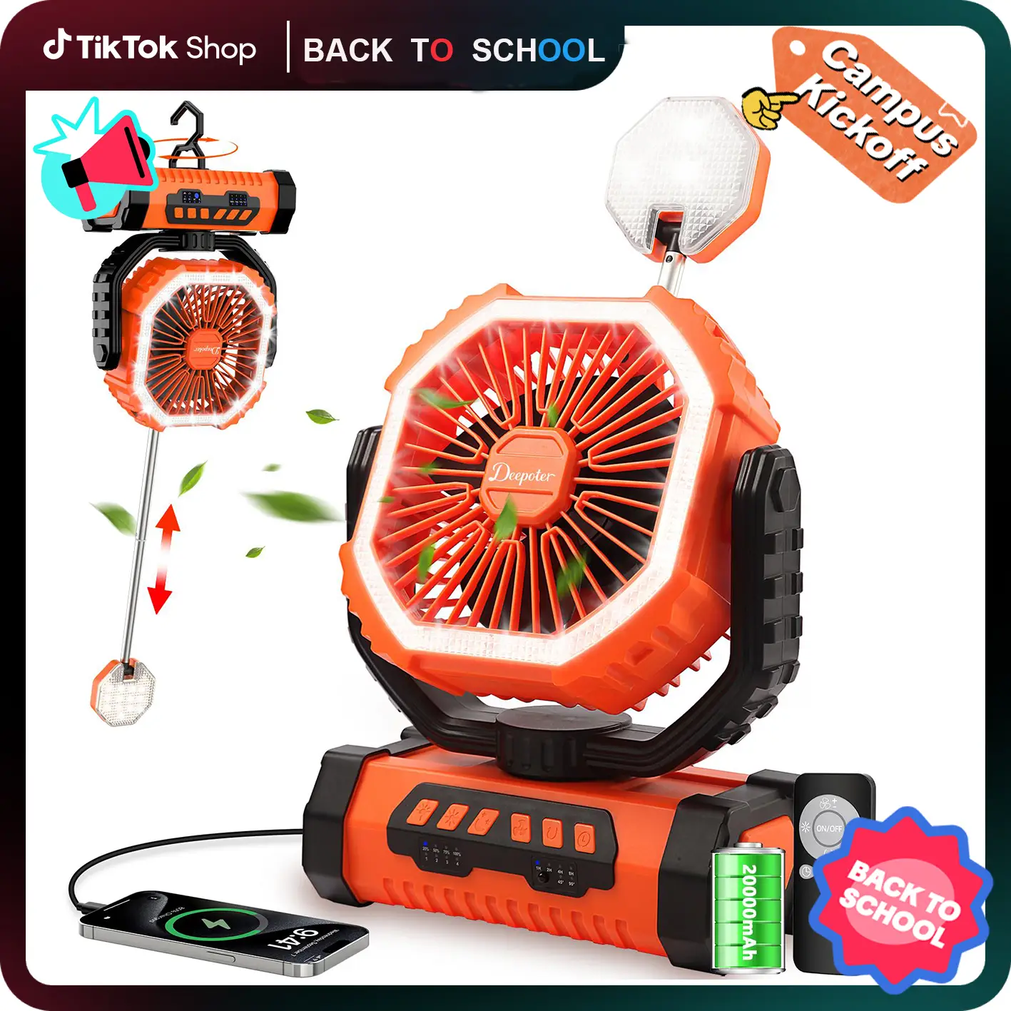 【Mid-year promotion】Camping Fan Battery Powered Fan with LED Lantern Light 20000mAh Rechargeable Portable Fan, Oscillating Fan with 360° Rotation Hang