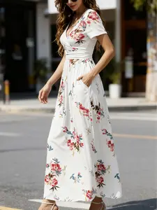 Watercolor Floral V Neck Waist Cinching Dress with Pockets, Comfortable Fashion Elegant Vacation Style, Perfect for Daily
