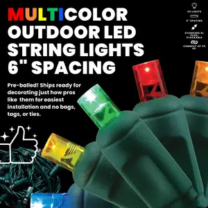 Multicolor with Red Orange Yellow Green Blue Waterproof Christmas Lights, 5mm LED Commercial Indoor/Outdoor Mini Lights Set with 50 LEDs Spaced at Six Inches Apart