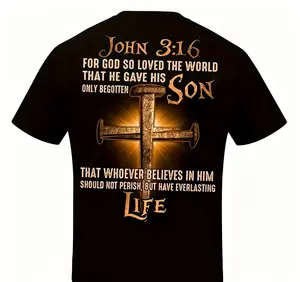Men's Christian Graphic T-Shirt with John 3:16 Cross Print, Premium Cotton Streetwear Top, Religious Faith Gift, Inclusive Sizes S-5XL