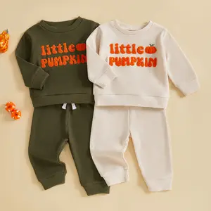 Toddler Baby Boy Halloween Outfit Letter & Pumpkin Embroidery Waffle Sweatshirt and Elastic Waist Jogger Pants Set Infant Fall Clothes