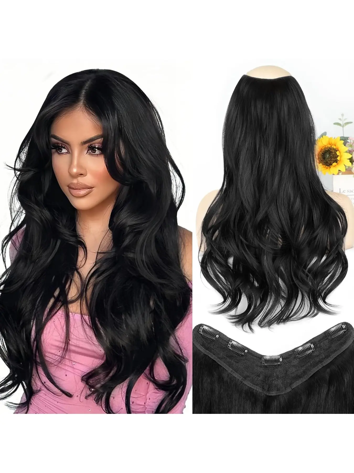Natural Invisible Five-Clip Hair Extension, Synthetic Hair Extensions, Medium-Length Wavy Wig for Women, Synthetic Hairpiece, Synthetic Curly Wavy, Daily Wear, Volume Boost, High-Layered Big Wave Curl, Thick Hairpieces