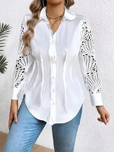 Plus Size Contrast Lace Hollow Out Plicated Fitted Bishop Long Sleeve Blouse, Shirts, Casual Button Front Top for Summer, Womenswear for Daily Wear, Quality and Durability