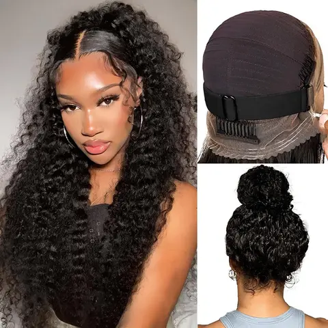360 Deep Wave Lace Front Wigs Human Hair Hidden Strap Glueless Wigs Human Hair Pre Plucked Pre Cut 34 Inch Full HD Lace with Drawstring Deep Wave Wigs for Women Water Wave 180% Density Natural Black