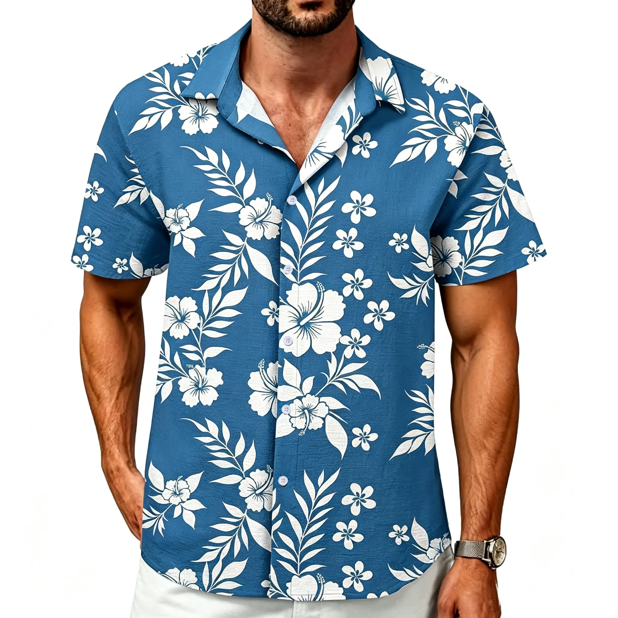 Men Tropical Beach Floral Hawaiian Button Up Shirt, Fashion Vacation Short Sleeve Collared Blouse, Lightweight Double‑Grid Woven Fabric Casual Summer Shirts 2XS‑6XL
