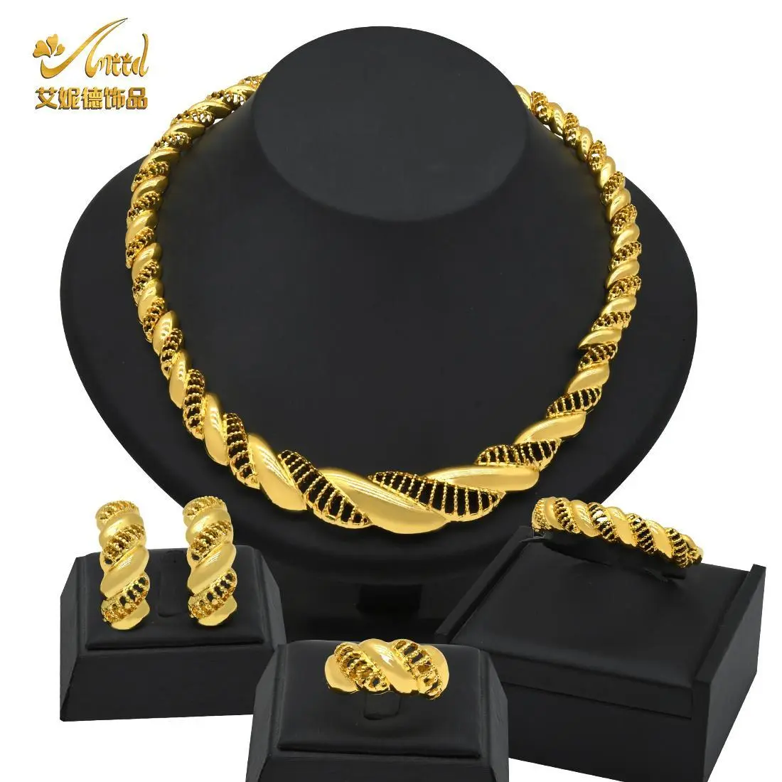 Nigerian Wedding Jewelry Set African Necklaces Bracelets Earring Sets Ethiopian Gold Color Choker Jewellery Set Gift Brida