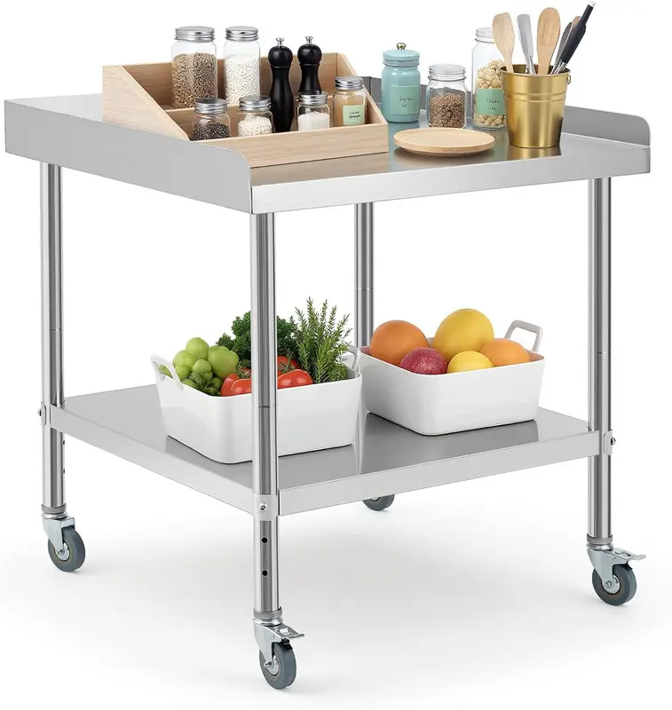 GAOMON 30*30*30 Inch Stainless Steel Table,Heavy-Duty Prep Table with Non-Removable Backsplash,Versatile Commercial Worktable with 4 Wheels for Kitchens&Restaurants