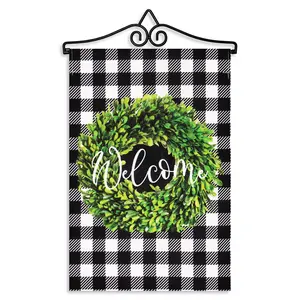 G128 Combo Pack Garden Flag Hanger 14IN & Garden Flag Welcome Wreath 12x18IN Printed Double Sided Burlap Fabric