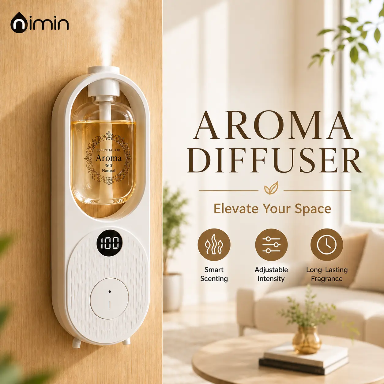 Nimin Viral Bathroom Hack Smart Scent Diffuser - Waterless Certified Safe Electronic Plug-In Odor Elim. Aromatherapy Machines, Small Size Single Unit Ultrasonic Mist with French Scent Notes, Sleep Aid & Nightlight for Home Rooms, Multiple Modes