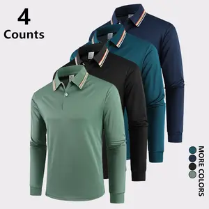 4-Pack Men's Striped Collared Polo Shirts | Quick-Dry Color Block Long Sleeve Tees, Breathable for Business, Vacation, Outdoor & Daily Casual Wear