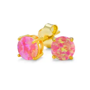 Golden Created Opal Round Solitaire Stud Earrings Gold Plated 6MM
