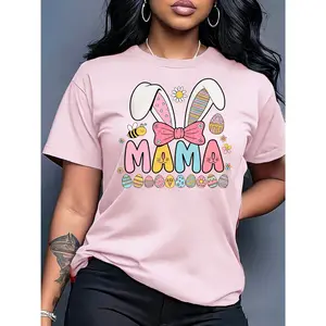 100% cotton women's Easter short-sleeve top with "MAMA" patch lettering, bunny ears, pink bow, and egg print. Round neck, comfortable, soft, breathable, suitable for spring, summer, and autumn. Loose, casual, trendy, and fashionable
