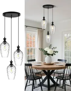 3-Light Pendant Lighting, Black Dining Room Chandelier with Hammered Glass Modern Cluster Hanging Light for Kitchen Island Sink E26