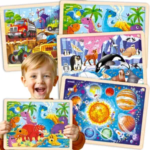 QUOKKA 4 Set Wooden Jigsaw Puzzles for Toddlers | Animals, Vehicles & Space