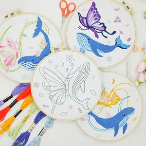 4counts animal themed embroidery DIY handmade product set, Embroidery Craft Kit, with butterfly patterns, Includes 1 embroidery hoop, Suitable for adult beginners and sewing enthusiasts, Unique home fabric decoration painting