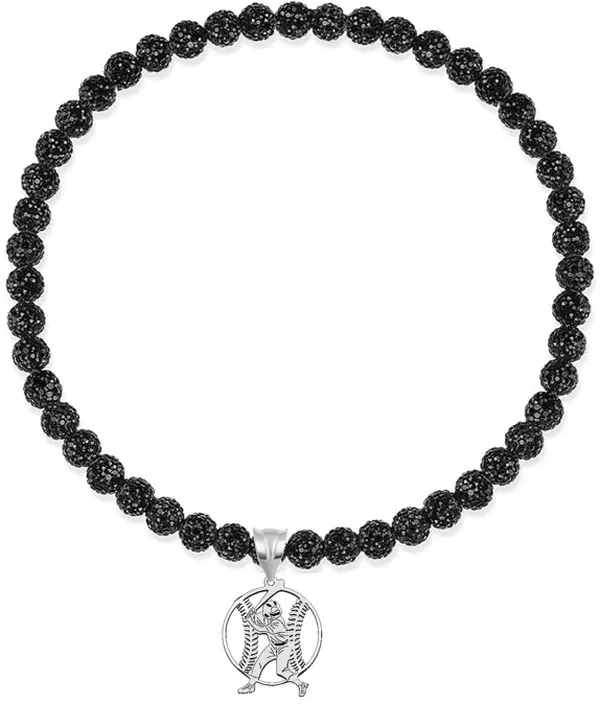 Rhinestone Disco Ball Bead Baseball Necklace + Stainless Steel Baseball Pendant, Black