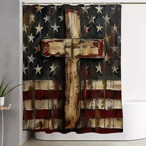 1/4pcs Rustic American Flag Cross Printed Shower Curtain Set - Toilet Lid Cover & 2 Bath Mats, Distressed Wood Cross on Red White Blue Flag, Patriotic Religious Bathroom Decor, Decorative Shower Curtain, Independence Day, Memorial Day, Bathroom Decoration