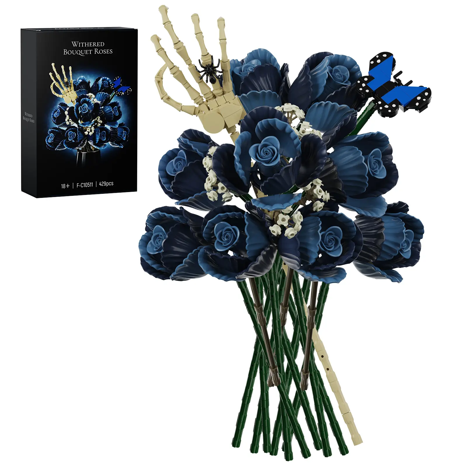 Gothic Black Rose Bouquet Building Set, Corpse Bride Style Skeleton Hand & Black Butterfly Floral Display, Dark Romance Home Decor Gift for Adults (429 PCS)