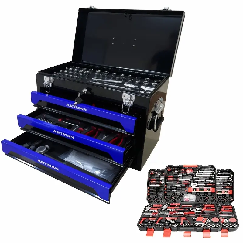 239/439pcs Mechanics Tool Set, Household Tool Kit with 3-Drawer Heavy Duty Metal Box, Portable Tool Box for Home/Auto Repair