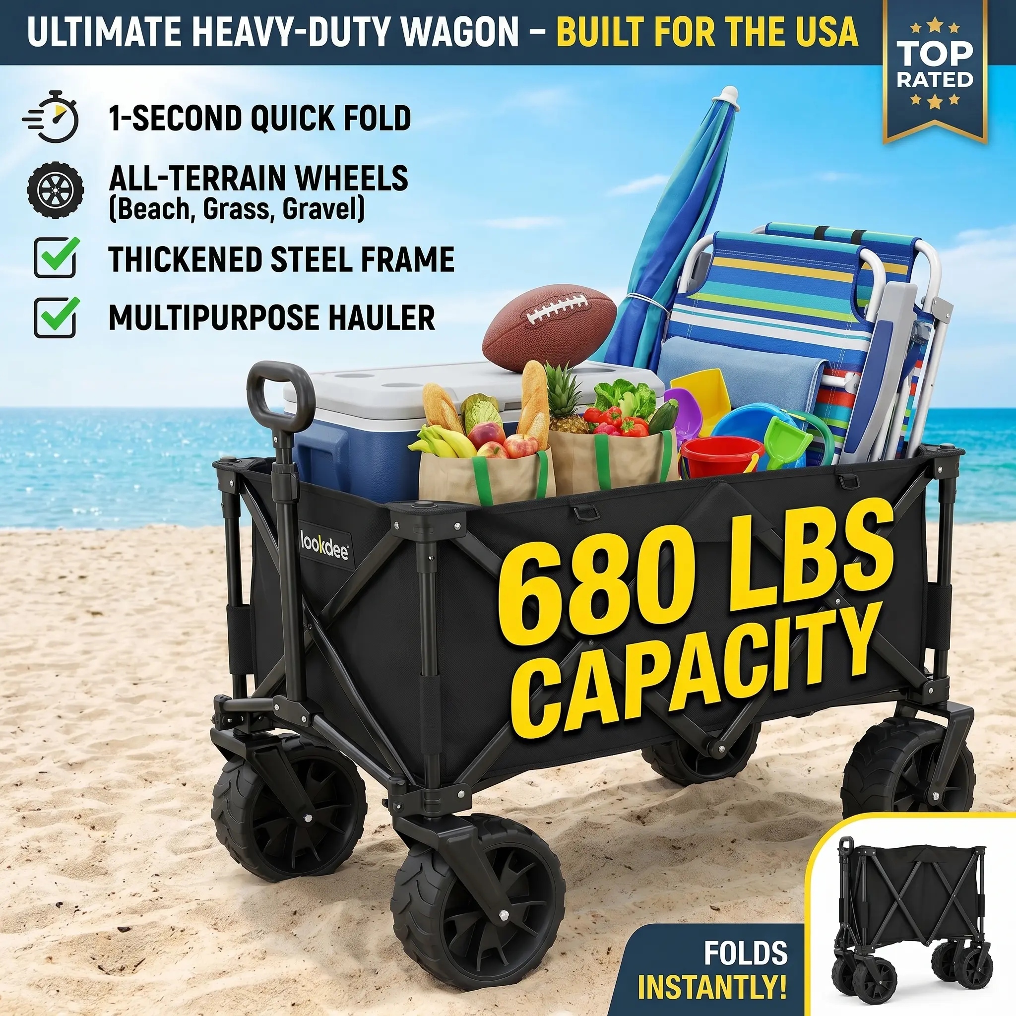 [US Local Delivery] 300 lbs/680 lbs Folding Trolley - 360° All Terrain Wheels, Large Capacity, Foldable, Portable, Foldable Outdoor Beach Garden Trolley with Side Bags for Camping, Sports, Yard, Lawn and Gardening
