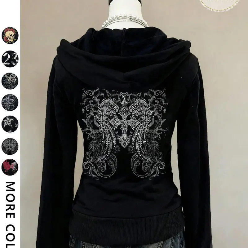 Women's Y2K Fitted Long Sleeve Hoodie Sweatshirt, Cross Wing Print Loose Fit, Comfortable Fall & Winter Wear, Casual Vintage Punk Style, Graphic Sweatshirts
