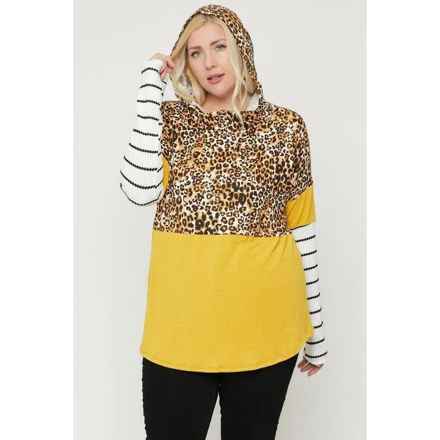 Women's Plus Size Color Block Hoodie with Cheetah Print, Casual Chic Spandex Design for Everyday Style, Fabric