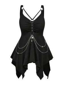 Gothic Tank Top Solid Color Ruched Grommet Chain Handkerchief Top