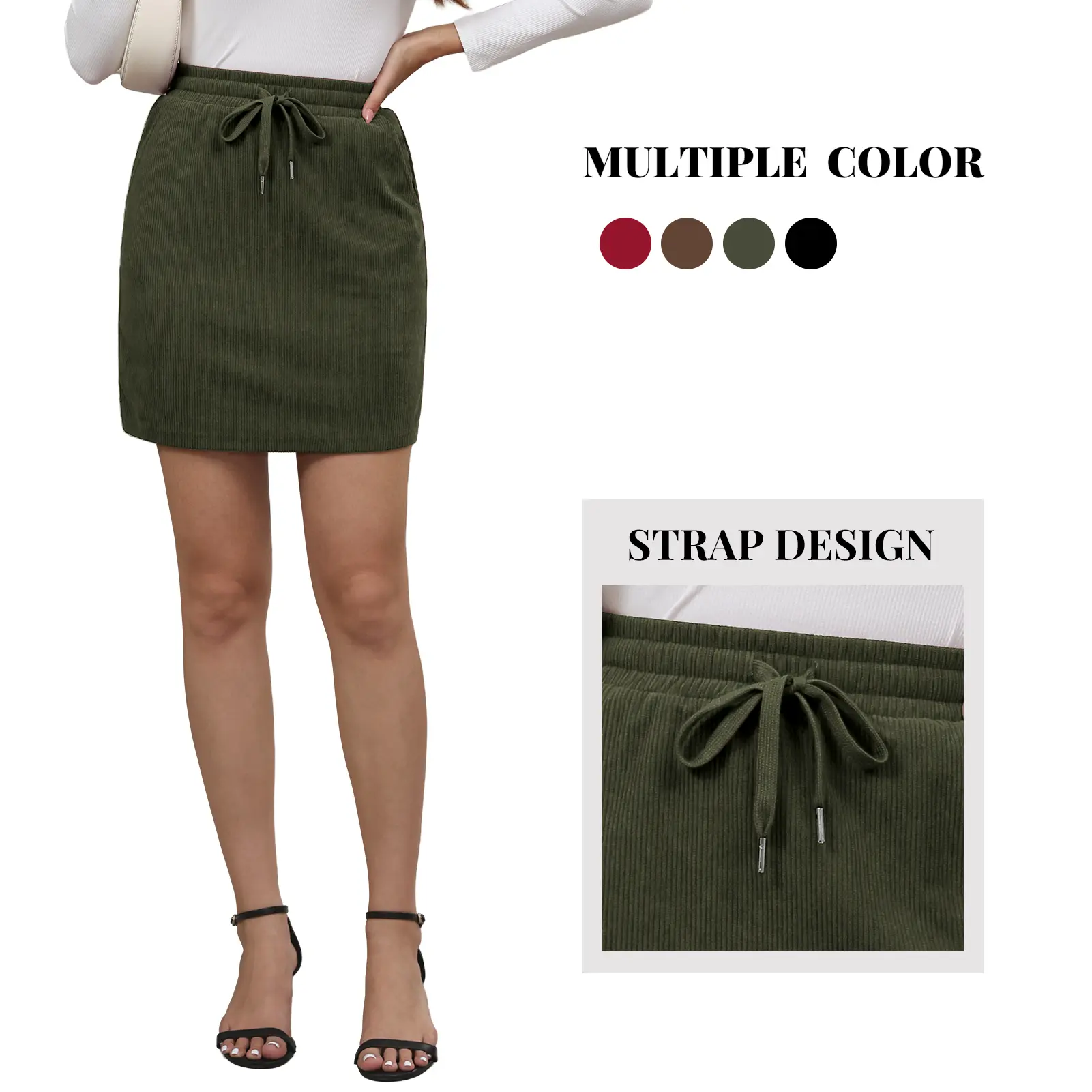 Casly Lamiit Women's Mid-Waisted Corduroy Body-Fit Skirt - Drawstring, Pockets, Soft Breathable Nylon Fabric, Comfortable Fit Skirts for Spring Lounge Wear, Outdoor Fun, Drawstring Skirts
